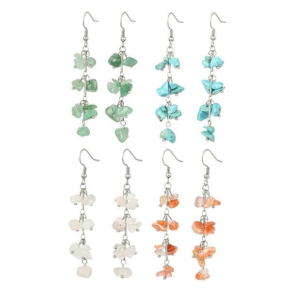 4 Pairs 4 Styles Natural Mixed Stone & Synthetic Turquoise Dangle Earrings for Women