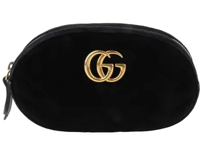 Pre-owned GUCCI Velvet Crossbody Bags Black Matelasse Mini GG Marmont Belt Bag