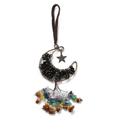 Wire Wrapped Brass Moon & Natural Obsidian Pendant Decoration