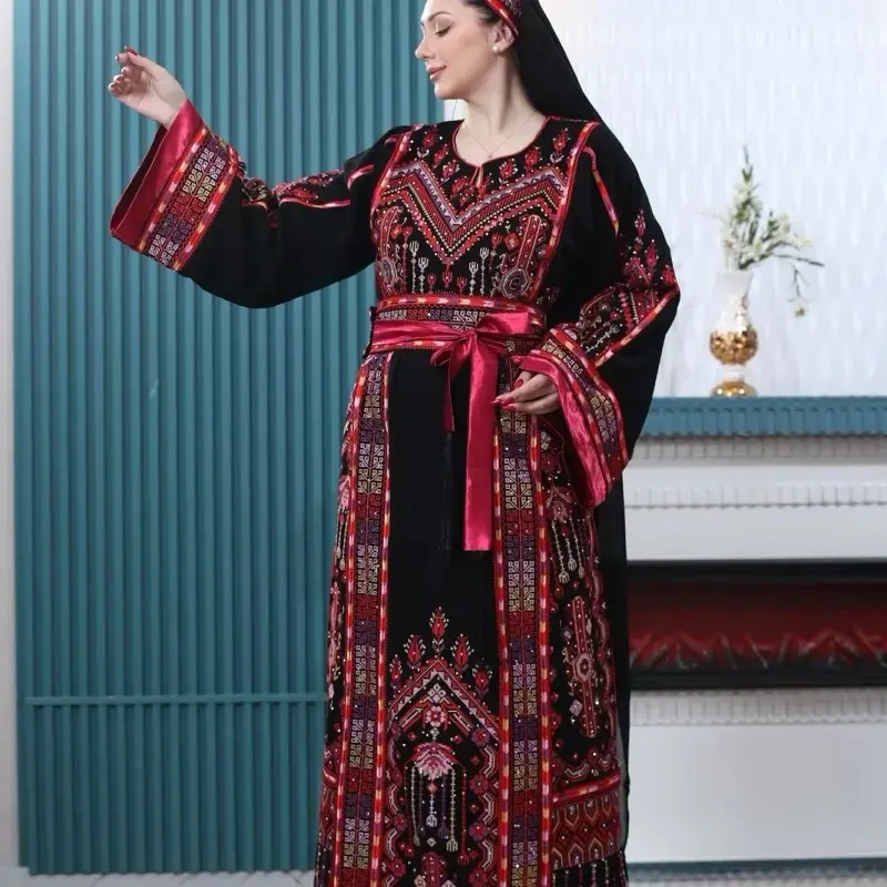 Thobe Embroidery with Satin Sleeves and Belt with Scarf - Traditional Design Black and Red Colorway Modest