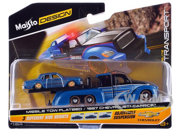 Missile Tow Flatbed Truck Blue Metallic and Black with Graphics and 1987 Chevrolet Caprice Lowrider Blue Metallic with Graphi...