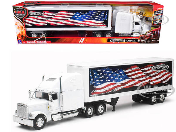 Freightliner Classic XL Truck White with Dry Van Trailer White with Patriotic Graphic \