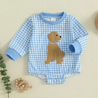 Infant Baby Boy Romper Long Sleeve Round Neck Dog Embroidery Bodysuit Newborn Fall Playsuit 0-18M