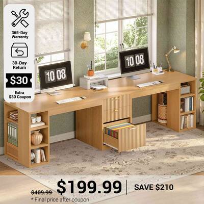 SEDETA | 96.5 Inch Fluted Long Two Person Desk with 3 Drawers Computer Desk with Storage Shelves for Home Office Oak Home Off...