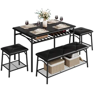 Garvee Kitchen Dining Room Table Set with Upholstered Bench and Square Stools, Metal and Wood Dining Table Set for 4 with Sto...
