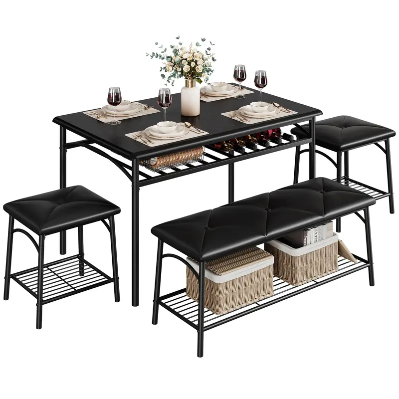 Garvee Kitchen Dining Room Table Set with Upholstered Bench and Square Stools, Metal and Wood Dining Table Set for 4 with Sto...