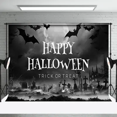 Gray Night Sky Grave Bat Horror Halloween Vibe Backdrop