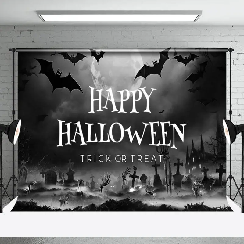 Gray Night Sky Grave Bat Horror Halloween Vibe Backdrop