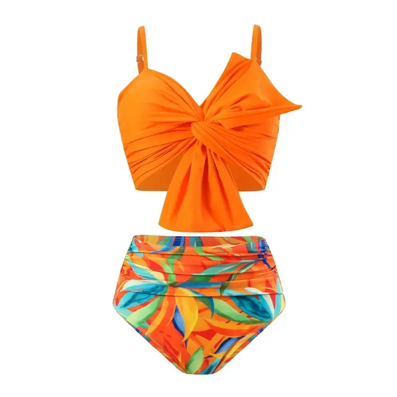 Aprilake Women's Two Piece Bowknot Ruched Print Adjustable Shoulder Strap Vintage Fashion Swimsuit