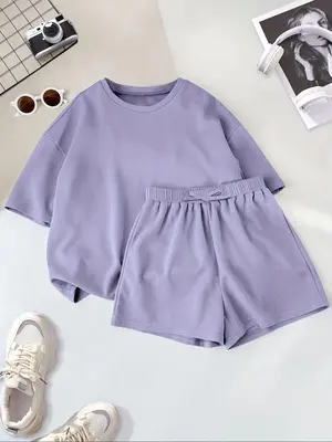Two-Piece Set Girl's Solid Color Tee & Elastic Waist Shorts Set, Casual Short Sleeve T-shirt & Shorts, Summer Outfits for Kid...