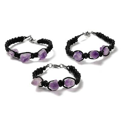 Natural Amethyst Nugget Braided Beaded Bracelet with Leather Rope