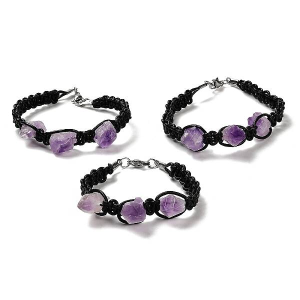 Natural Amethyst Nugget Braided Beaded Bracelet with Leather Rope