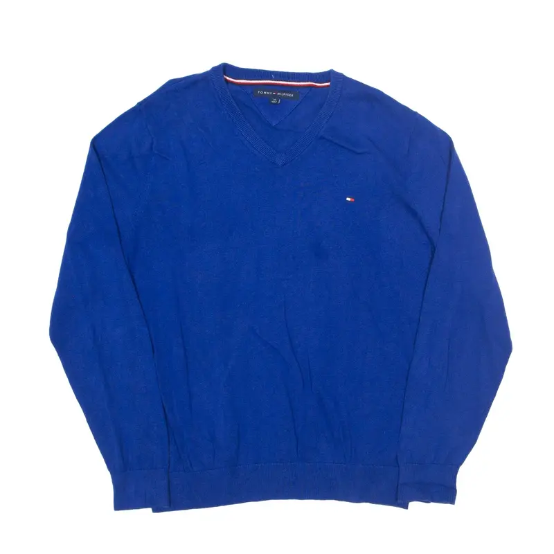 TOMMY HILFIGER Jumper Blue Tight Knit V-Neck Mens L