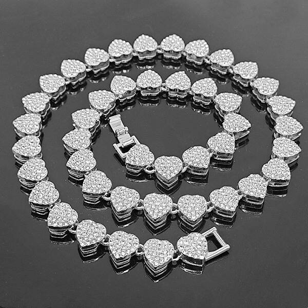 Alloy with Glass Rhinestone Heart Cuban Chain Necklaces