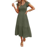 MEROKEETY Women's Flutter Sleeve Smocked Midi Dress V Neck Casual Tiered Dresses with Pockets
