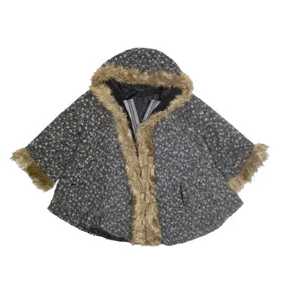 Poncho Style Faux Fur Trim Pea Coat Grey Womens L