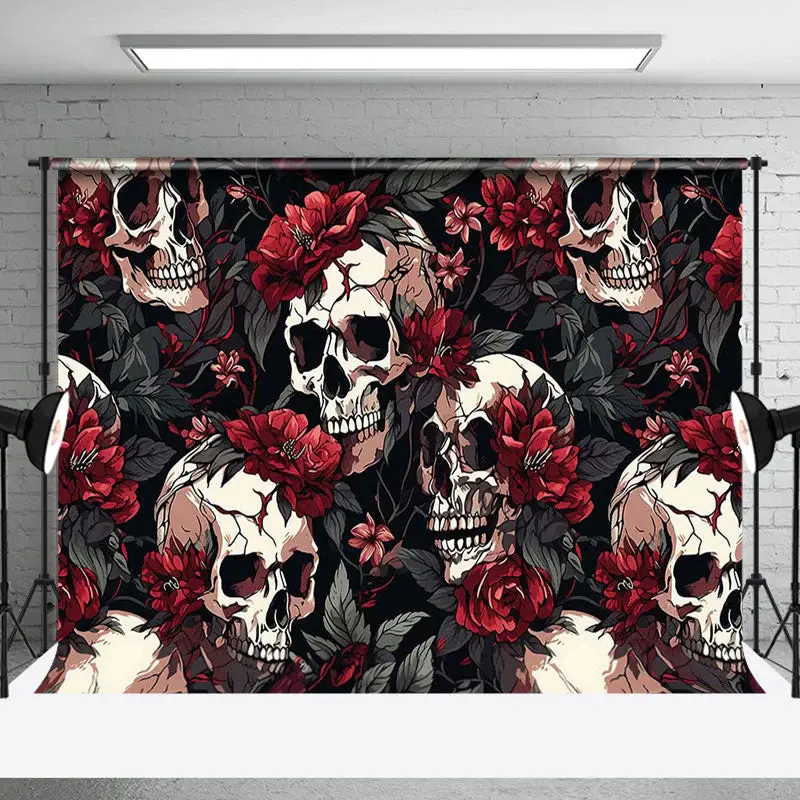 Red Floral Skull Black Leaves Halloween Backdrop