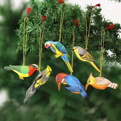 NOVICA Festive Birds Hand-Painted Assorted Bird Ornaments (Set of 6)