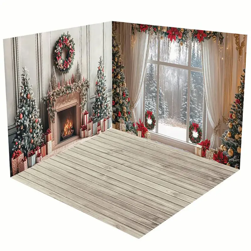 Aperturee Christmas Vibe Fireplace Window Room Set Backdrop | Christmas Photo Booth Backdrop | Xmas Backdrop | Christmas Back...