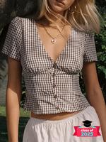 Women's Plaid Print V Neck Blouse, Casual Fitted Slim-fitting Short Sleeve Top for Summer, Ladies Clothes for Daily Wear, Sof...