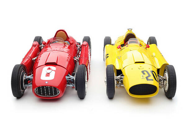 Bundle of 2 Cars 1956 Ferrari D50 20 Andre Pilette 6th Place Grand Prix of Belgium (Yellow) and 1955 Ferrari Lancia D50 6 Alb...