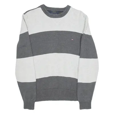 TOMMY HILFIGER Mens Patterned Jumper Grey Striped Tight Knit M