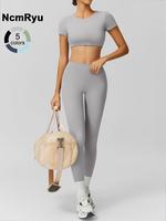 Women's Patchwork High Elastic Soft Slim-Fit Shock-proof Open Waist Short Sleeve High Waist Beautiful Hip Trousers Yoga Cloth...