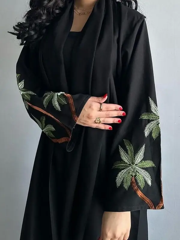 Women's Plants Embroidery Abaya, Elegant Long Sleeve Open Front Kaftan Abaya for Party Holiday Vacation, Ladies Spring & Fall...