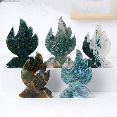 Natural Moss Agate Carved Flame Shape Figurines