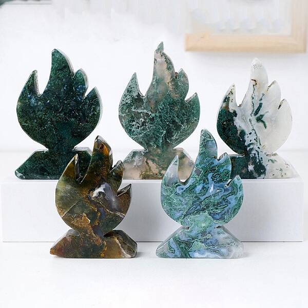 Natural Moss Agate Carved Flame Shape Figurines