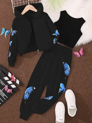 Three-Piece Set Girl's Butterfly Print Zip Up Hoodie & Elastic Waist Sweatpants & Plain Crop Tank Top Set, Casual Long Sleeve...