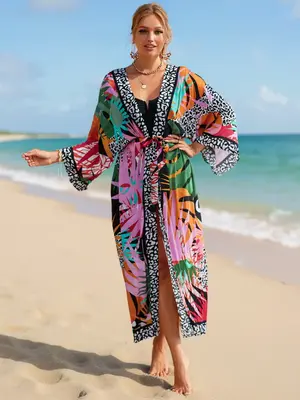 Women's Plants Print Belted Cover Up, Boho Long Sleeve Open Front Cardigan Kimono for Beach Vacation, Women's Swimwear for Al...