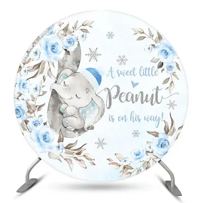 Aperturee Peanut Elephant Blue Floral Round Baby Shower Backdrop | Round Baby Shower Backdrop | Round Party Backdrop | Baby S...
