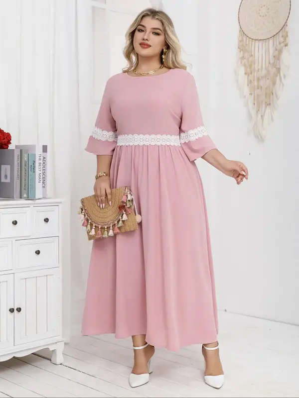 【Plus Size】 Patchwork Lace Trim Dress, Elegant Round Neck 3/4 Dress for Party Wedding Guest, Women's Clothes for Spring &...