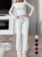 Women's Solid Long Sleeve Crop Tee & Drawstring Waist Pants Set, Going Out Sets, Casual Fashion Cozy Outfits for Daily Outdoo...