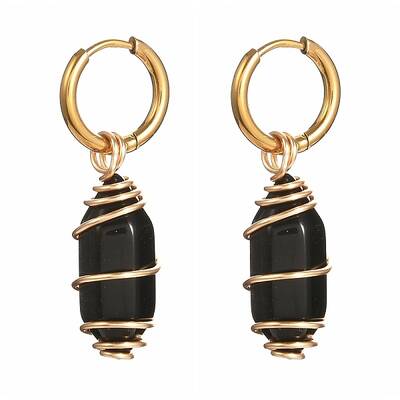 Copper Wire Wrapped Natural Obsidian Dangle Earrings for Women