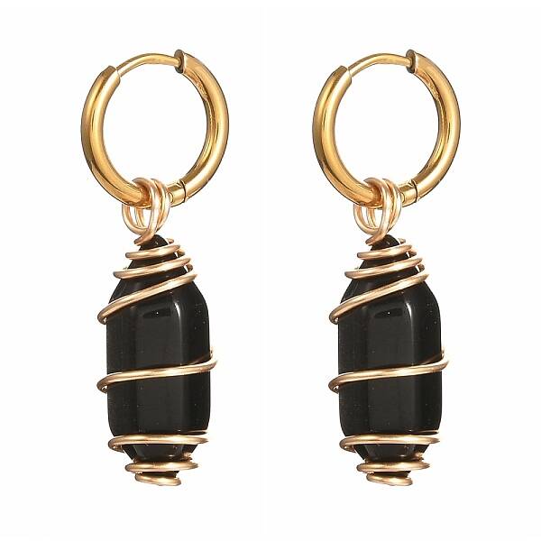 Copper Wire Wrapped Natural Obsidian Dangle Earrings for Women