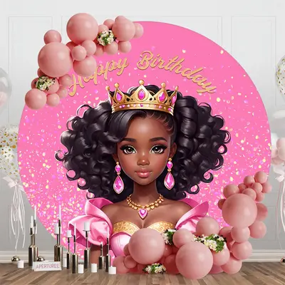 Pink Black Princess Round Happy Birthday Backdrop - Aperturee
