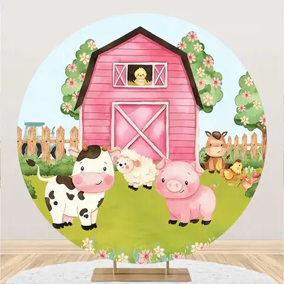 Round Pink Wood Barn Floral Animal Birthday Backdrop - Aperturee