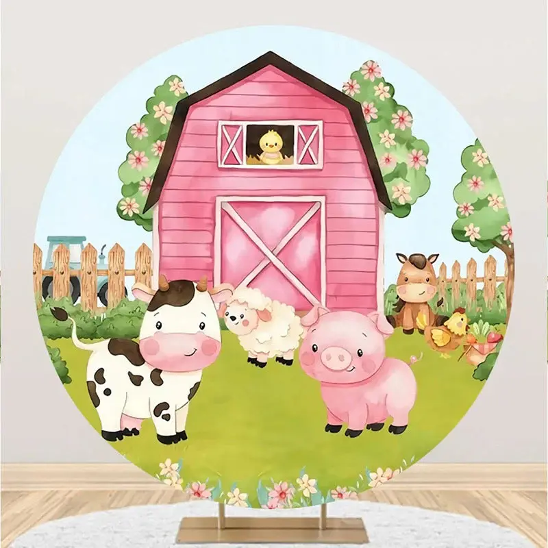 Round Pink Wood Barn Floral Animal Birthday Backdrop - Aperturee