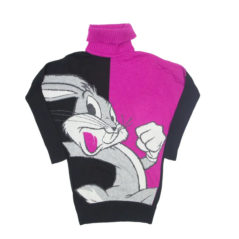 ICEBERG Junior Bugs Bunny Patterned Jumper Black 90s Tight Knit Roll Neck Girls XL