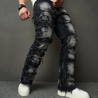 Stacked Men's jeans Fashion Streetwear HipHop Patch Spliced Men Straight Jeans Distressed Male Slim Biker Denim Pants Menswea...