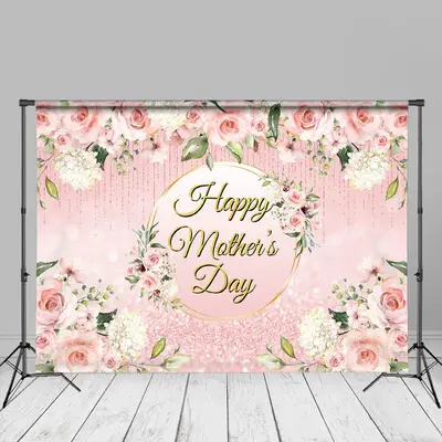 Pink Roses Glitter Happy Mothers Day Backdrop Decor - Aperturee