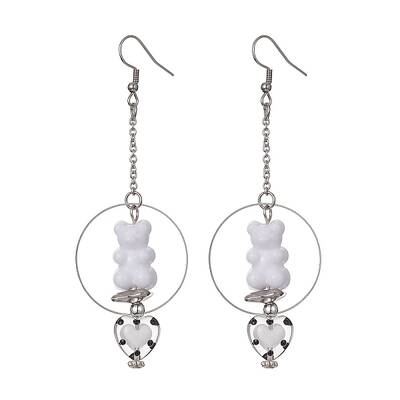 Acrylic Bear & Lampwork Heart Dangle Earrings