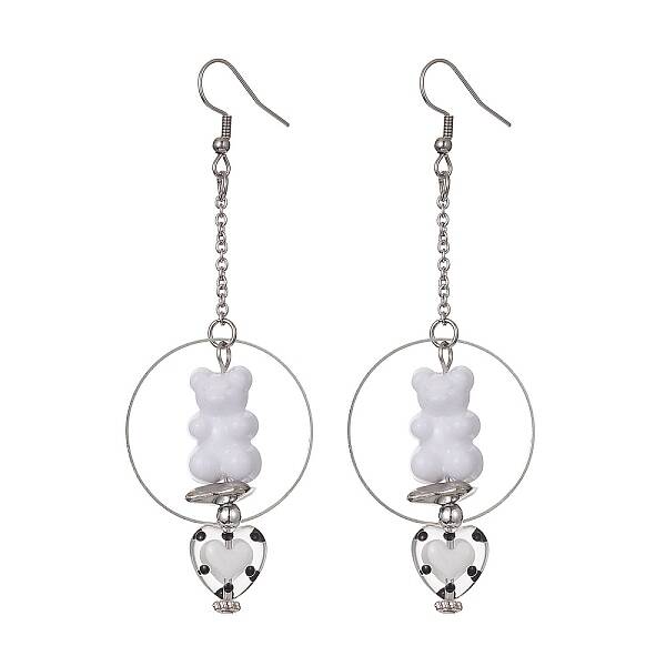 Acrylic Bear & Lampwork Heart Dangle Earrings