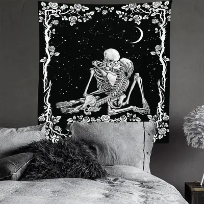 Fantasy Skull Couple Pattern Tapestry, UV Blacklight Wall Hanging Tapestry For Home Living Room Bedroom Dormitory Halloween...