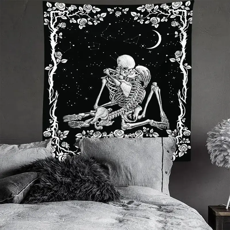 Fantasy Skull Couple Pattern Tapestry, UV Blacklight Wall Hanging Tapestry For Home Living Room Bedroom Dormitory Halloween�...