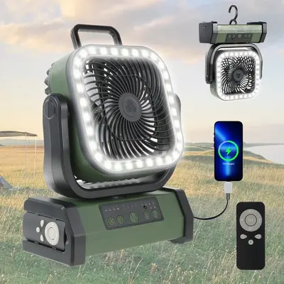 Portable Rechargeable Camping Fan with LED Light for Indoor、Outdoor Usb Green-20000Mah