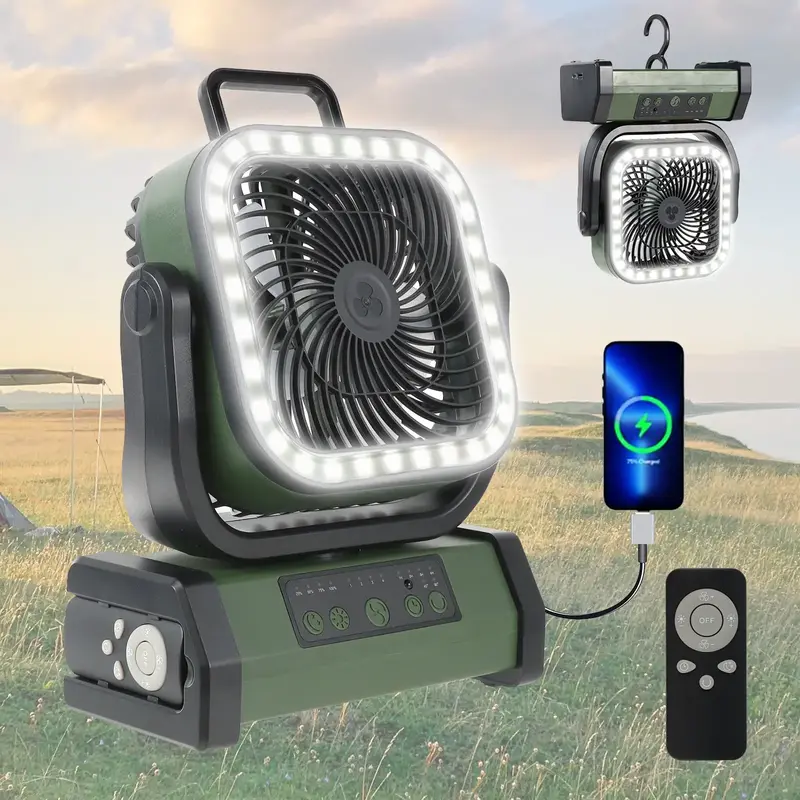 Portable Rechargeable Camping Fan with LED Light  for Indoor、Outdoor Usb Green-20000Mah