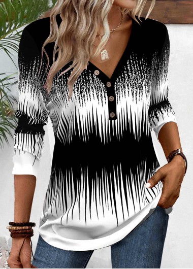 Modlily Black Patchwork Ombre Long Sleeve V Neck T Shirt - XL